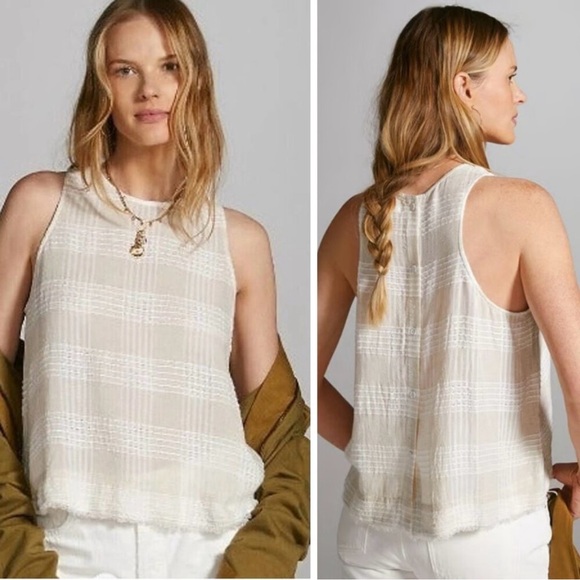 cloth & stone Tops - NWT Cloth & Stone Anthropologie Rayon-Linen Oatmeal Plaid Frayed Tank Top Size L